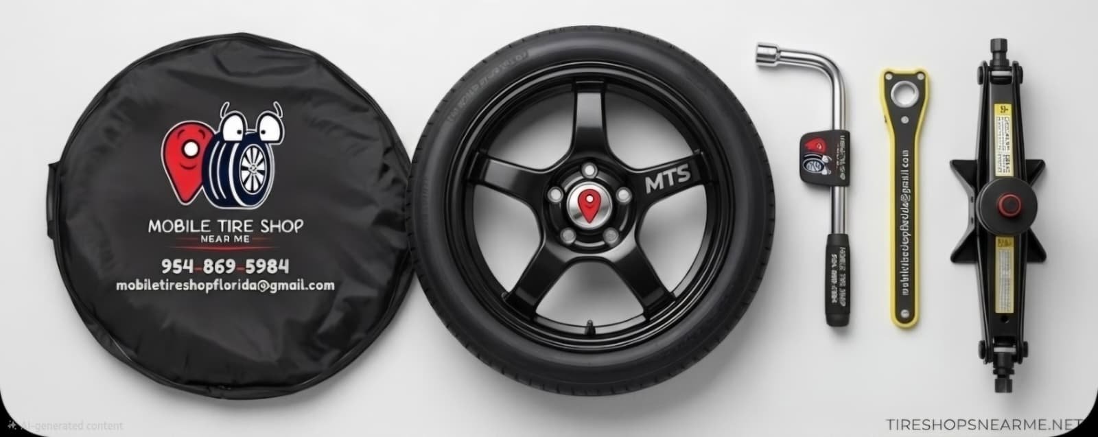 Mobile Tire Shop Near Me complete spare tire kit — tire, lug wrench, scissor jack, and carrying case