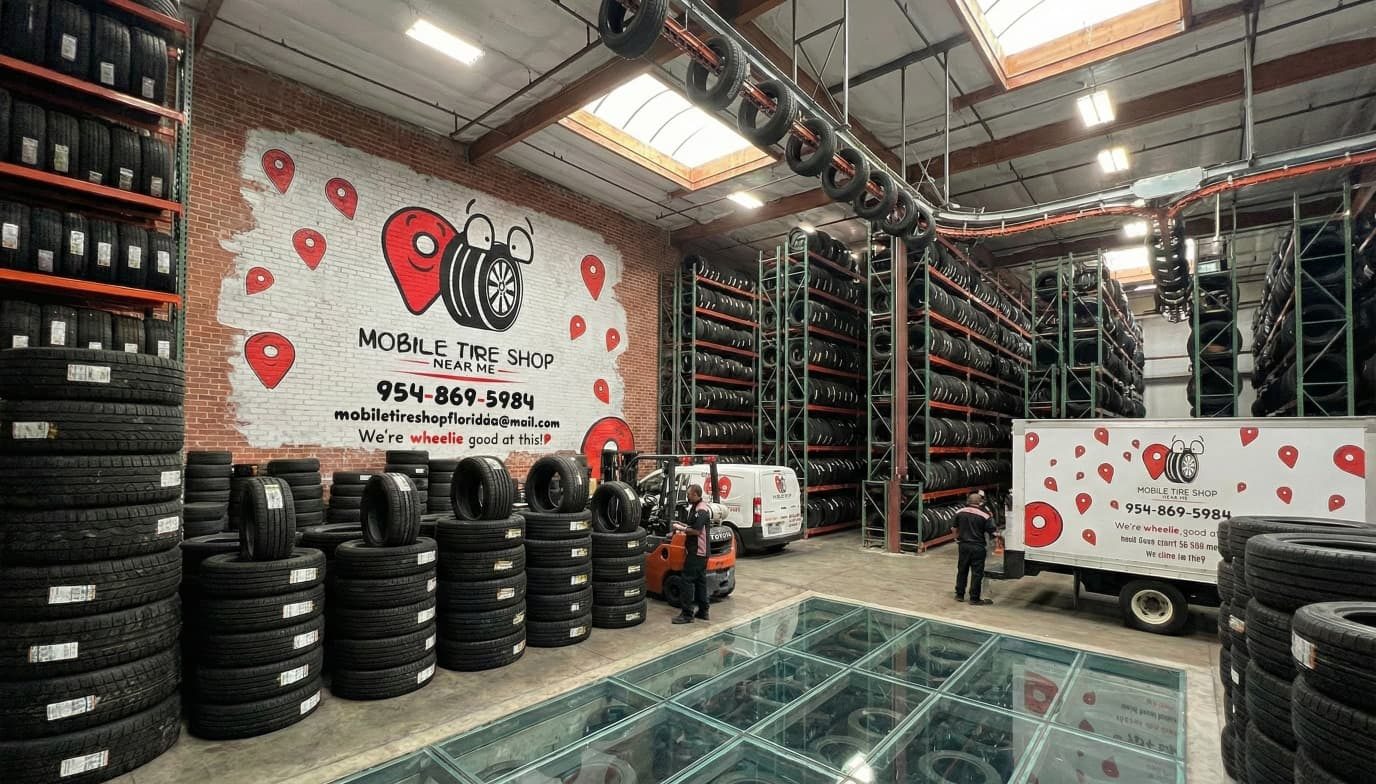 Mobile Tire Shop warehouse with thousands of tires in South Florida